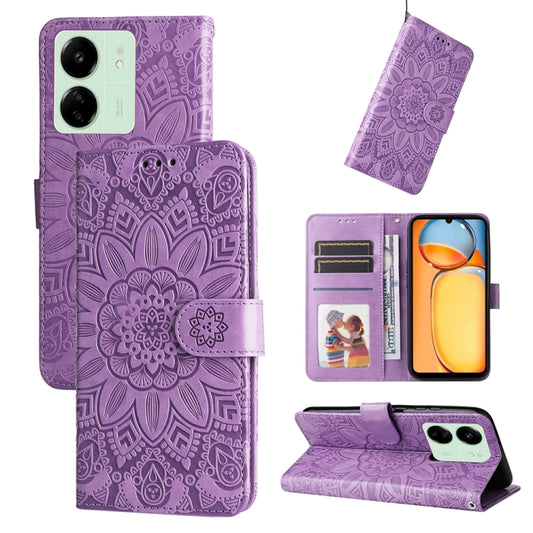 For Xiaomi Redmi 13C 4G Embossed Sunflower Leather Phone Case(Purple) by buy2fix