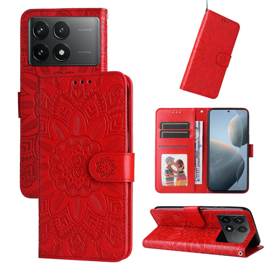 For Xiaomi Redmi K70 / K70 Pro Embossed Sunflower Leather Phone Case(Red) - Xiaomi Cases by buy2fix | Online Shopping UK | buy2fix