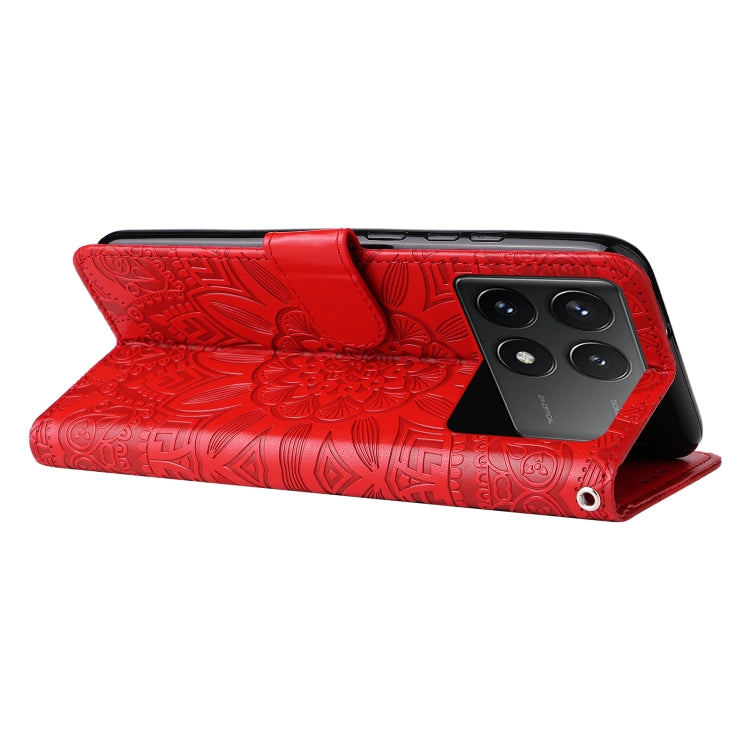 For Xiaomi Redmi K70 / K70 Pro Embossed Sunflower Leather Phone Case(Red) - Xiaomi Cases by buy2fix | Online Shopping UK | buy2fix