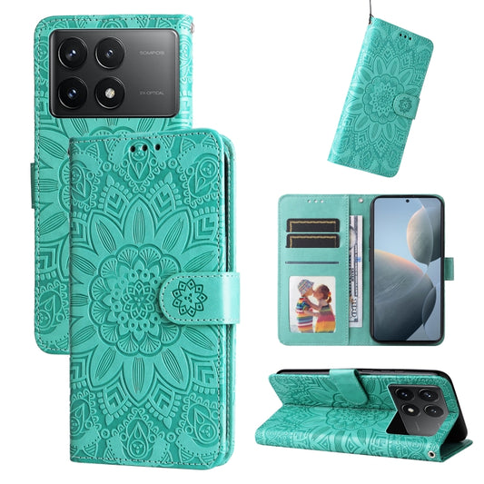 For Xiaomi Redmi K70 / K70 Pro Embossed Sunflower Leather Phone Case(Green) - Xiaomi Cases by buy2fix | Online Shopping UK | buy2fix