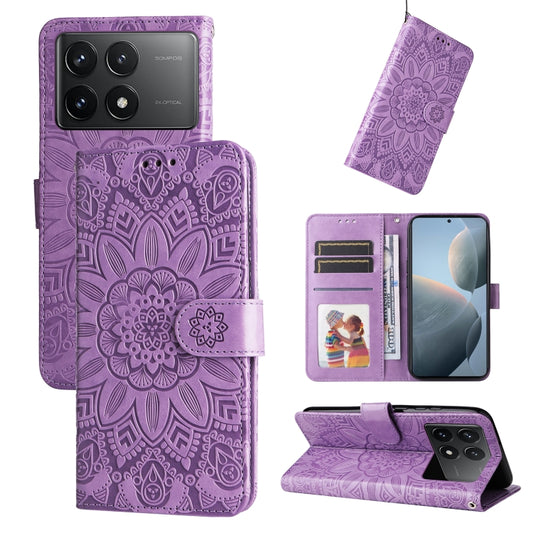 For Xiaomi Redmi K70E Embossed Sunflower Leather Phone Case(Purple) - Xiaomi Cases by buy2fix | Online Shopping UK | buy2fix