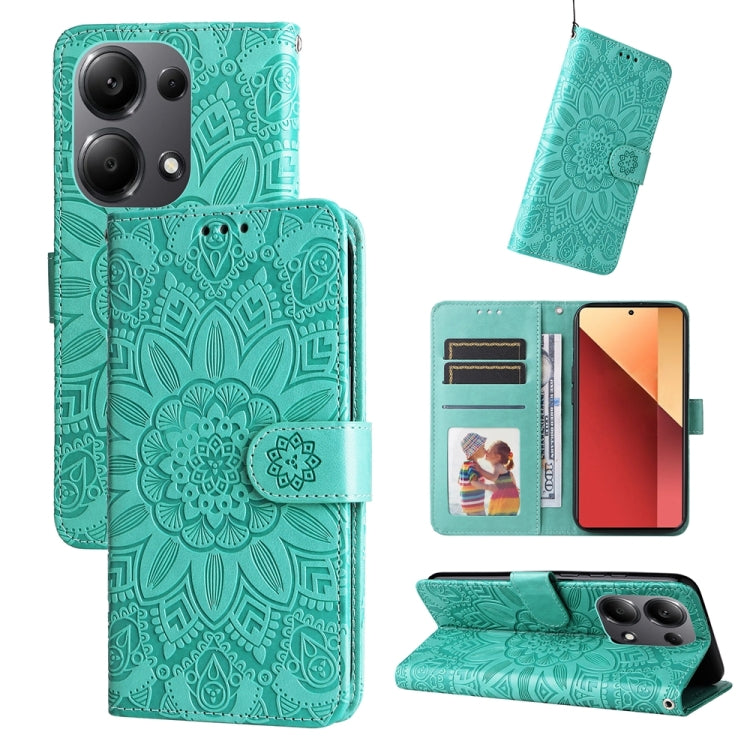 For Xiaomi Redmi Note13 Pro 4G Global/Poco M6 Pro 4G Embossed Sunflower Leather Phone Case(Green) - Xiaomi Cases by buy2fix | Online Shopping UK | buy2fix
