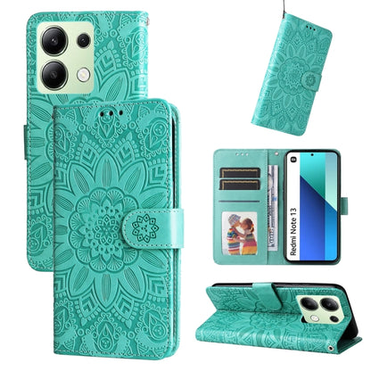 For Xiaomi Redmi Note13 4G Embossed Sunflower Leather Phone Case(Green) - Xiaomi Cases by buy2fix | Online Shopping UK | buy2fix