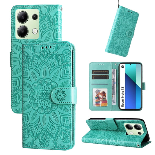 For Xiaomi Redmi Note13 4G Embossed Sunflower Leather Phone Case(Green) - Xiaomi Cases by buy2fix | Online Shopping UK | buy2fix