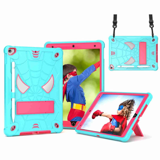 For iPad 10.2 2021 / 2020 / 2019 Spider Texture Silicone Hybrid PC Tablet Case with Shoulder Strap(Mint Green + Rose Red) - iPad 10.2 Cases by buy2fix | Online Shopping UK | buy2fix