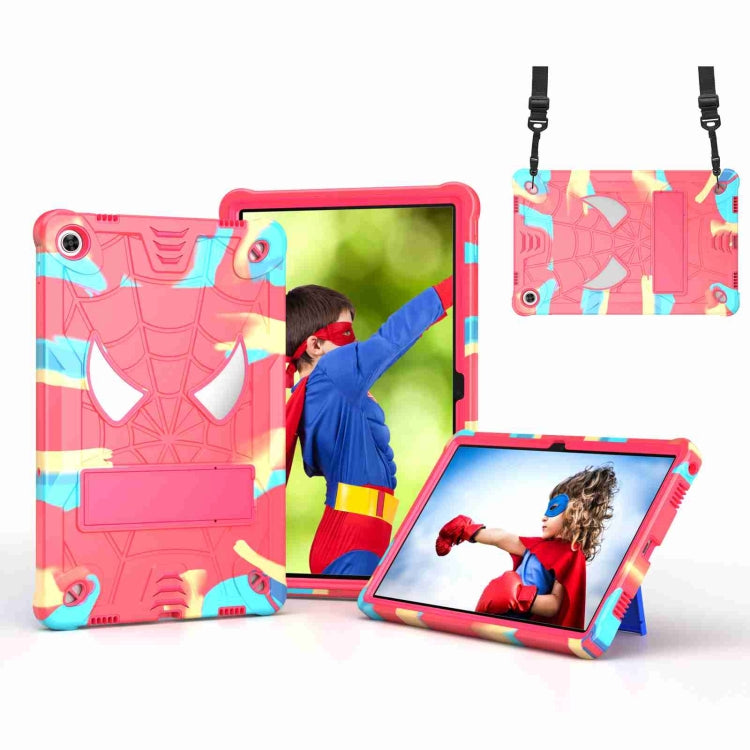 For Lenovo Tab M10 Plus 10.6 3rd Gen 2022 Spider Texture Silicone Hybrid PC Tablet Case with Shoulder Strap(Camouflage + Rose Red) - Lenovo by buy2fix | Online Shopping UK | buy2fix