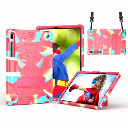 For Samsung Galaxy Tab S7 FE / S7+ / S8+ Spider Texture Silicone Hybrid PC Tablet Case with Shoulder Strap(Camouflage + Rose Red) by buy2fix