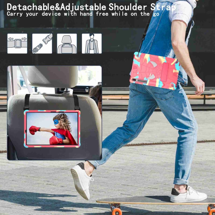 For Samsung Galaxy Tab S7 FE / S7+ / S8+ Spider Texture Silicone Hybrid PC Tablet Case with Shoulder Strap(Camouflage + Rose Red) by buy2fix