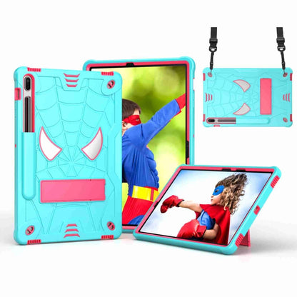 For Samsung Galaxy Tab S7 FE / S7+ / S8+ Spider Texture Silicone Hybrid PC Tablet Case with Shoulder Strap(Mint Green + Rose Red) by buy2fix