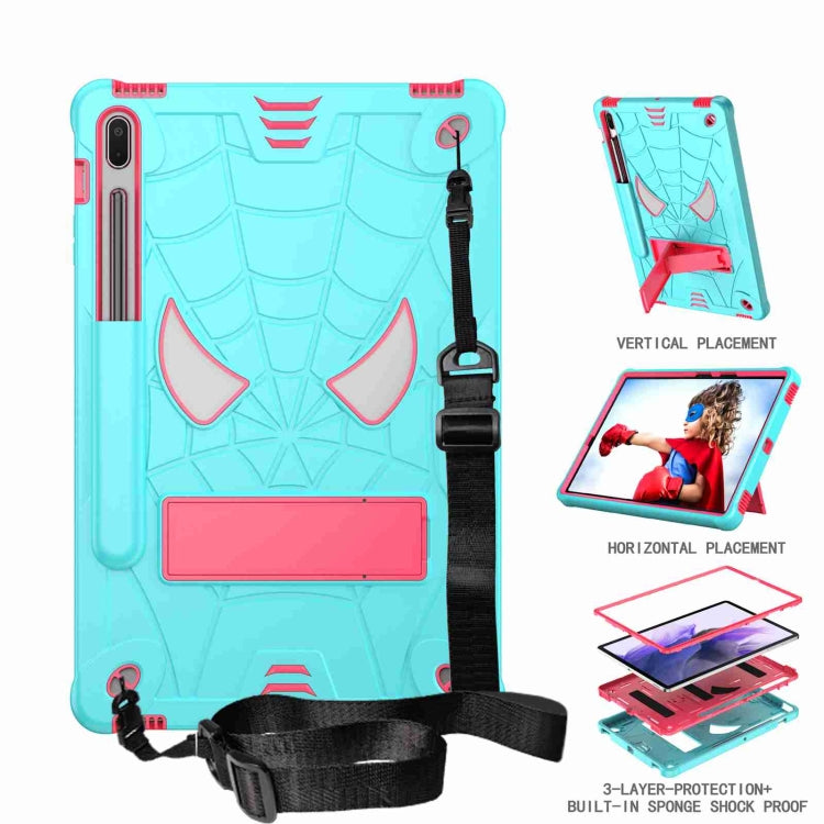 For Samsung Galaxy Tab S7 FE / S7+ / S8+ Spider Texture Silicone Hybrid PC Tablet Case with Shoulder Strap(Mint Green + Rose Red) by buy2fix
