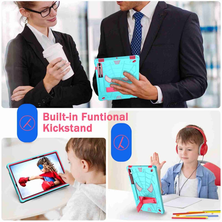 For Samsung Galaxy Tab S7 FE / S7+ / S8+ Spider Texture Silicone Hybrid PC Tablet Case with Shoulder Strap(Mint Green + Rose Red) by buy2fix