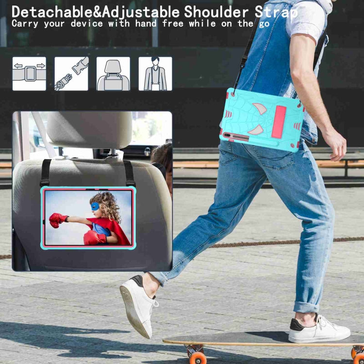 For Samsung Galaxy Tab S7 FE / S7+ / S8+ Spider Texture Silicone Hybrid PC Tablet Case with Shoulder Strap(Mint Green + Rose Red) by buy2fix