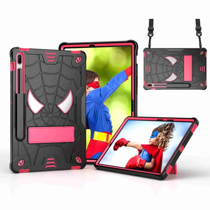 For Samsung Galaxy Tab S7 FE / S7+ / S8+ Spider Texture Silicone Hybrid PC Tablet Case with Shoulder Strap(Black + Rose Red) by buy2fix