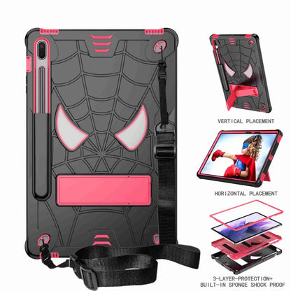 For Samsung Galaxy Tab S7 FE / S7+ / S8+ Spider Texture Silicone Hybrid PC Tablet Case with Shoulder Strap(Black + Rose Red) by buy2fix
