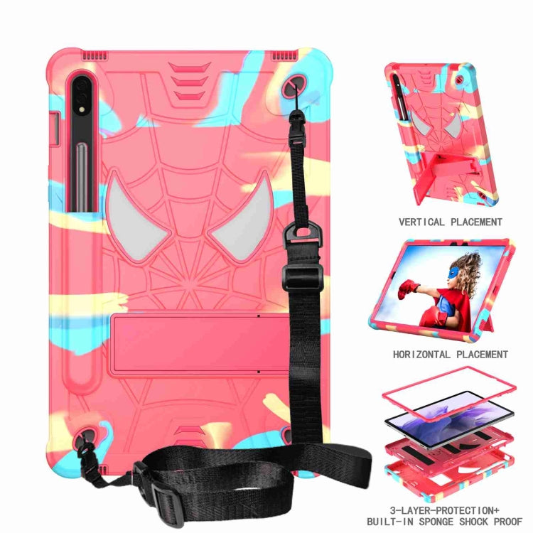 For Samsung Galaxy Tab S7 / S8 Spider Texture Silicone Hybrid PC Tablet Case with Shoulder Strap(Camouflage + Rose Red) by buy2fix