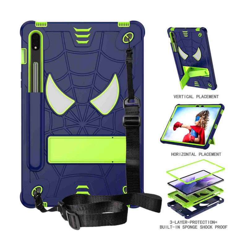 For Samsung Galaxy Tab S7 / S8 Spider Texture Silicone Hybrid PC Tablet Case with Shoulder Strap(Navy Blue + Yellow Green) by buy2fix