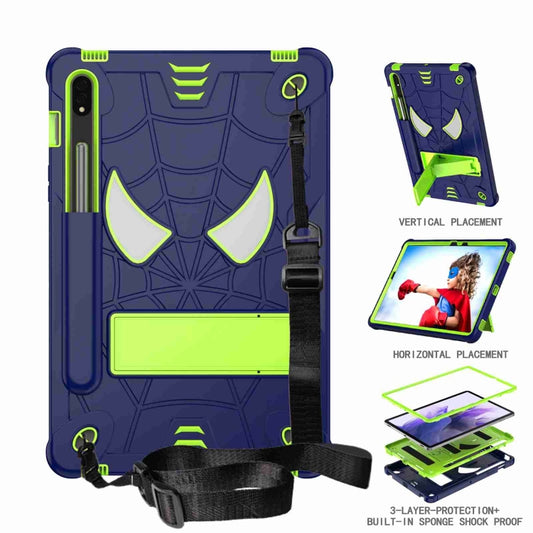 For Samsung Galaxy Tab S7 / S8 Spider Texture Silicone Hybrid PC Tablet Case with Shoulder Strap(Navy Blue + Yellow Green) by buy2fix
