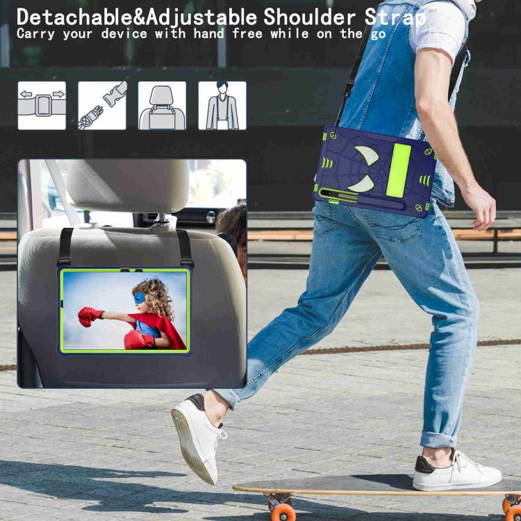 For Samsung Galaxy Tab S7 / S8 Spider Texture Silicone Hybrid PC Tablet Case with Shoulder Strap(Navy Blue + Yellow Green) by buy2fix