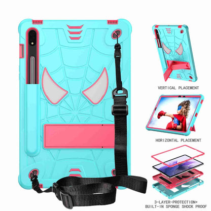 For Samsung Galaxy Tab S7 / S8 Spider Texture Silicone Hybrid PC Tablet Case with Shoulder Strap(Mint Green + Rose Red) by buy2fix