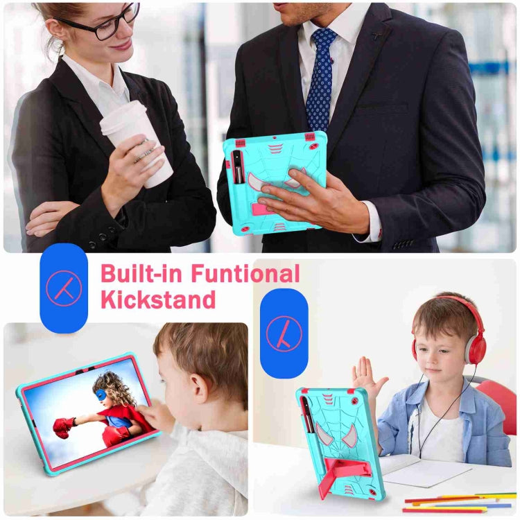 For Samsung Galaxy Tab S7 / S8 Spider Texture Silicone Hybrid PC Tablet Case with Shoulder Strap(Mint Green + Rose Red) by buy2fix