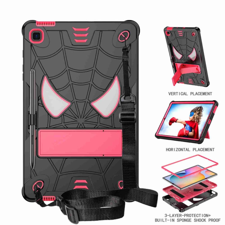For Samsung Galaxy Tab S6 Lite P610 Spider Texture Silicone Hybrid PC Tablet Case with Shoulder Strap(Black + Rose Red) - Tab S6 Lite P610 / P615 by buy2fix | Online Shopping UK | buy2fix