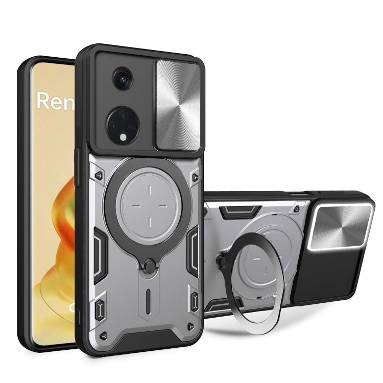 For OPPO Reno8 T 5G CD Texture Sliding Camshield Magnetic Holder Phone Case(Silver) by buy2fix