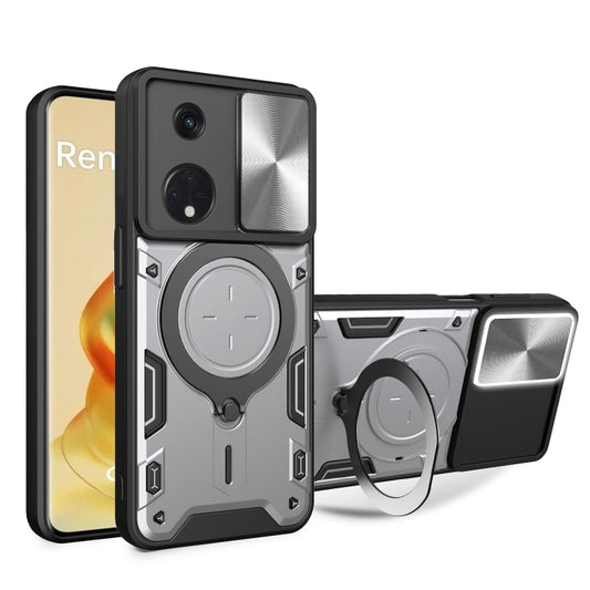For OPPO Reno8 T 5G CD Texture Sliding Camshield Magnetic Holder Phone Case(Silver) by buy2fix