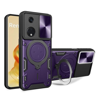 For OPPO Reno8 T 5G CD Texture Sliding Camshield Magnetic Holder Phone Case(Purple) by buy2fix