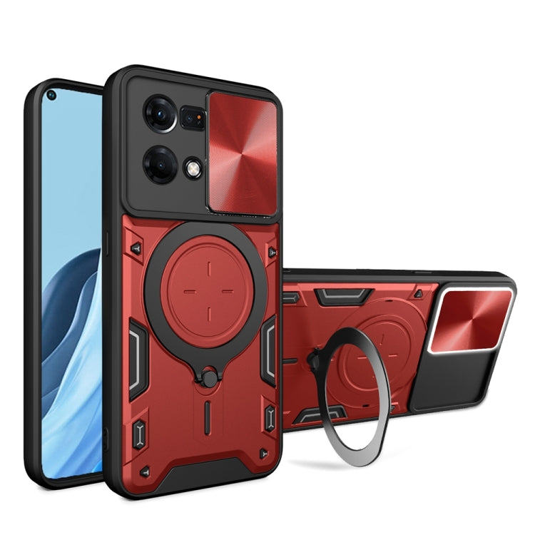 For OPPO Reno7 4G / F21 Pro 4G CD Texture Sliding Camshield Magnetic Holder Phone Case(Red) by buy2fix