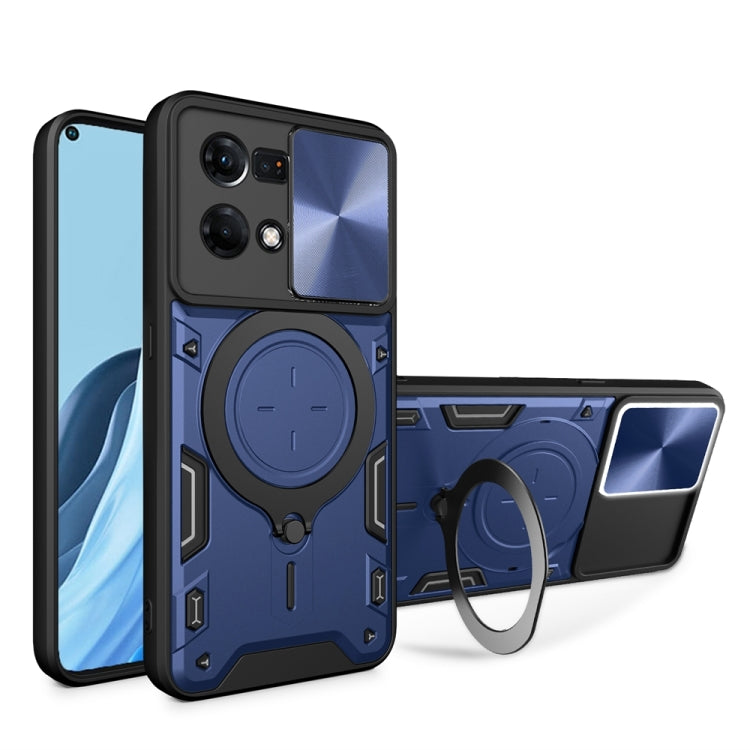 For OPPO Reno7 4G / F21 Pro 4G CD Texture Sliding Camshield Magnetic Holder Phone Case(Blue) by buy2fix
