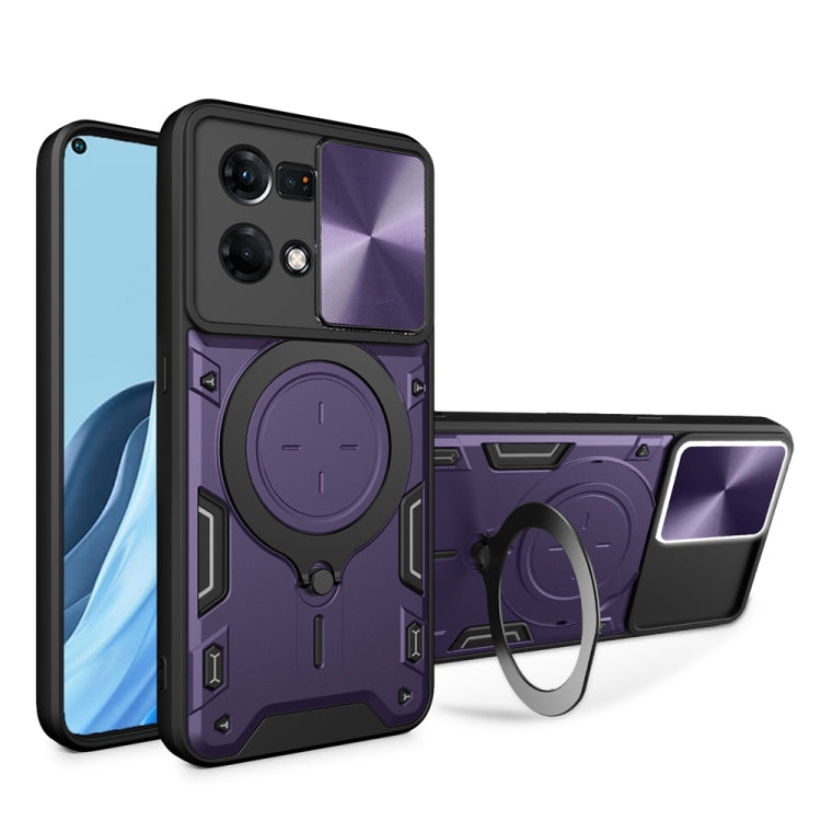 For OPPO Reno7 4G / F21 Pro 4G CD Texture Sliding Camshield Magnetic Holder Phone Case(Purple) by buy2fix