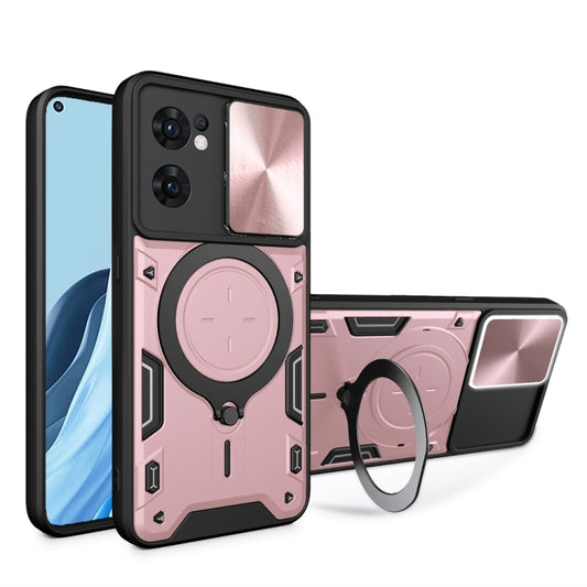 For OPPO Reno7 5G CD Texture Sliding Camshield Magnetic Holder Phone Case(Pink) by buy2fix