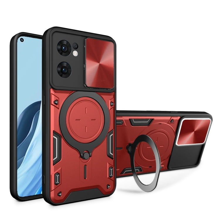For OPPO Reno7 5G CD Texture Sliding Camshield Magnetic Holder Phone Case(Red) by buy2fix