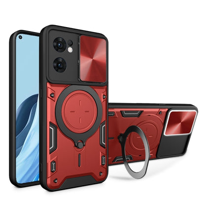 For OPPO Reno7 5G CD Texture Sliding Camshield Magnetic Holder Phone Case(Red) by buy2fix