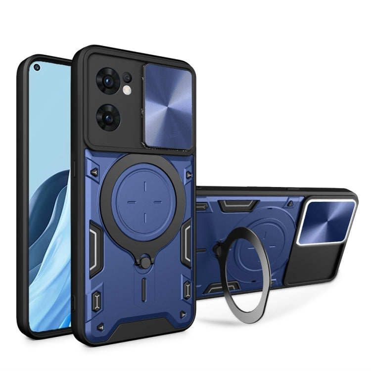 For OPPO Reno7 5G CD Texture Sliding Camshield Magnetic Holder Phone Case(Blue) by buy2fix