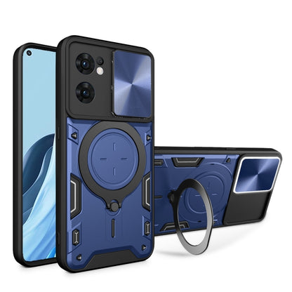 For OPPO Reno7 5G CD Texture Sliding Camshield Magnetic Holder Phone Case(Blue) by buy2fix
