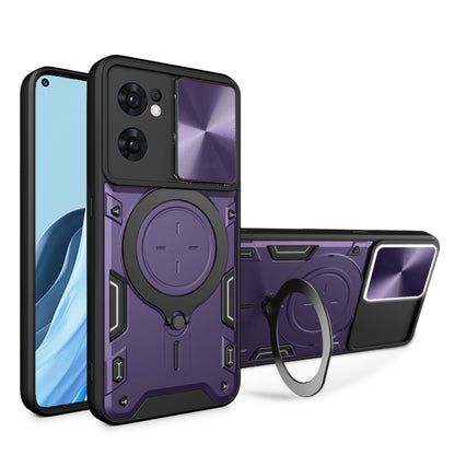 For OPPO Reno7 5G CD Texture Sliding Camshield Magnetic Holder Phone Case(Purple) by buy2fix
