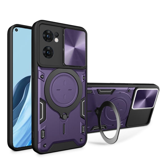 For OPPO Reno7 5G CD Texture Sliding Camshield Magnetic Holder Phone Case(Purple) by buy2fix