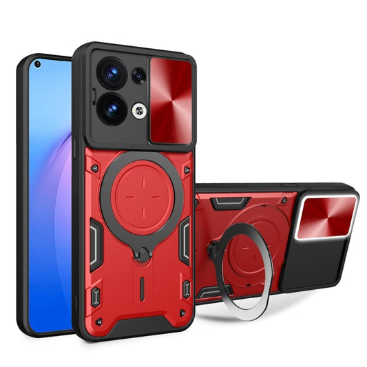 For OPPO Reno8 5G CD Texture Sliding Camshield Magnetic Holder Phone Case(Red) by buy2fix