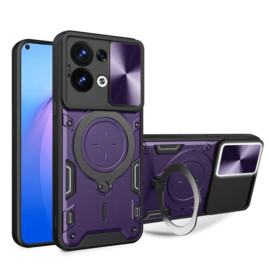 For OPPO Reno8 5G CD Texture Sliding Camshield Magnetic Holder Phone Case(Purple) by buy2fix