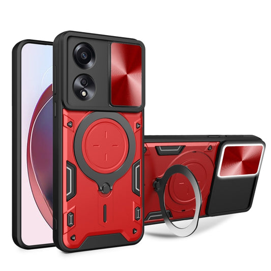 For OPPO A58 4G Global CD Texture Sliding Camshield Magnetic Holder Phone Case(Red) by buy2fix