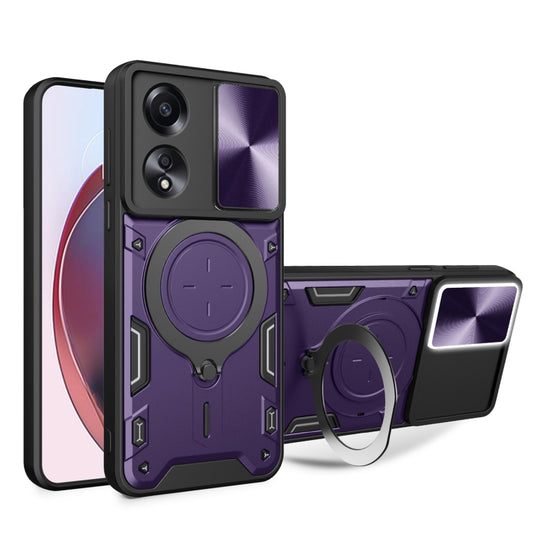 For OPPO A58 4G Global CD Texture Sliding Camshield Magnetic Holder Phone Case(Purple) by buy2fix
