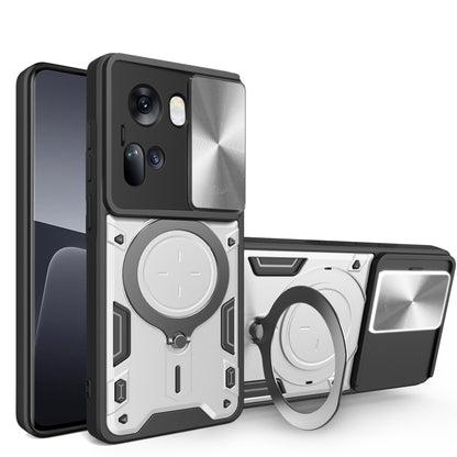 For OPPO Reno11 5G Global CD Texture Sliding Camshield Magnetic Holder Phone Case(Silver) - OPPO Cases by buy2fix | Online Shopping UK | buy2fix