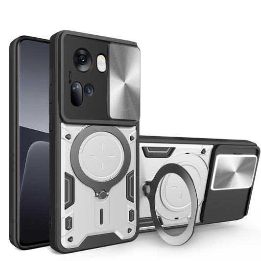 For OPPO Reno11 5G Global CD Texture Sliding Camshield Magnetic Holder Phone Case(Silver) - OPPO Cases by buy2fix | Online Shopping UK | buy2fix