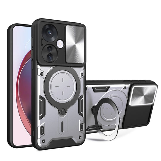 For OPPO Reno11 F 5G Global CD Texture Sliding Camshield Magnetic Holder Phone Case(Silver)