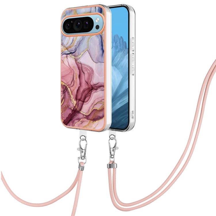 For Google Pixel 9 / 9 Pro Electroplating Marble Dual-side IMD Phone Case with Lanyard(Rose Red 014) by buy2fix