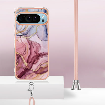 For Google Pixel 9 / 9 Pro Electroplating Marble Dual-side IMD Phone Case with Lanyard(Rose Red 014) by buy2fix
