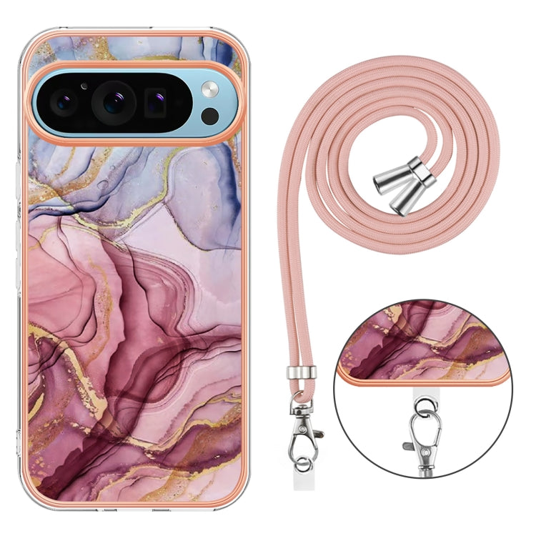 For Google Pixel 9 / 9 Pro Electroplating Marble Dual-side IMD Phone Case with Lanyard(Rose Red 014) by buy2fix