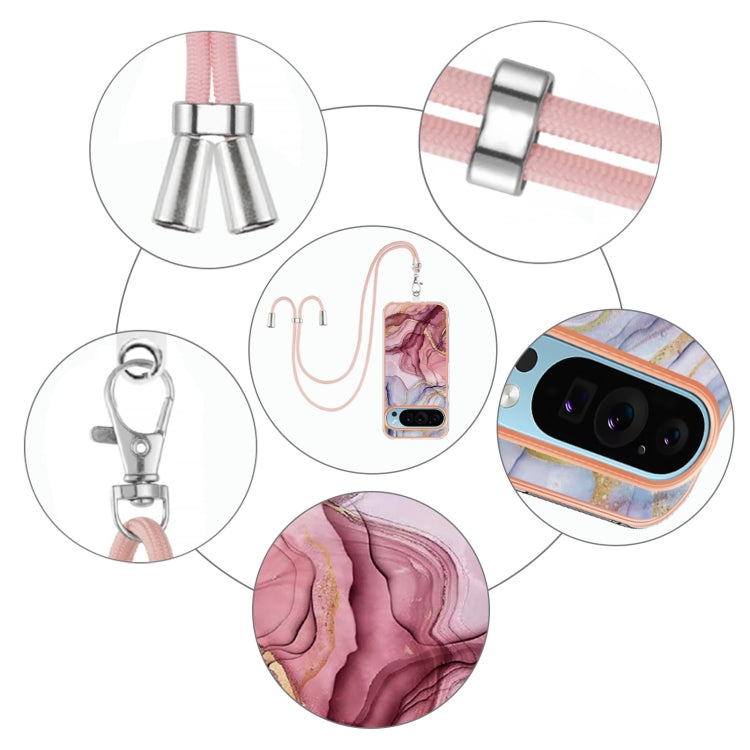 For Google Pixel 9 / 9 Pro Electroplating Marble Dual-side IMD Phone Case with Lanyard(Rose Red 014) by buy2fix