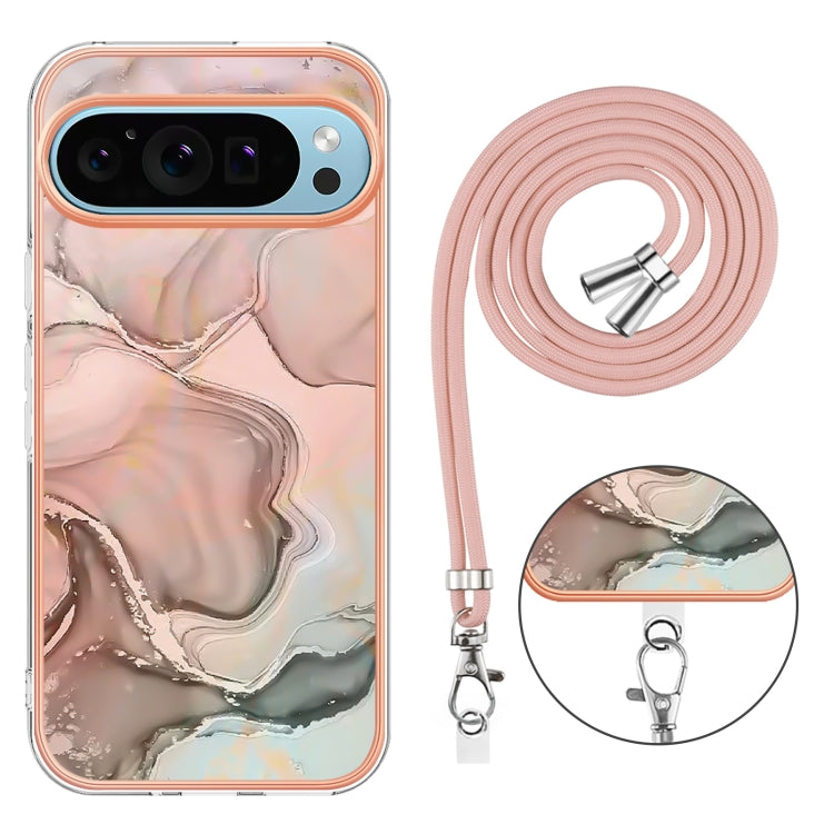 For Google Pixel 9 / 9 Pro Electroplating Marble Dual-side IMD Phone Case with Lanyard(Rose Gold 015) by buy2fix